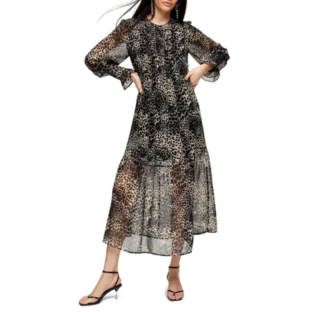 (SOLD)TOPSHOP Long Sleeve Animal Print Midi Dress In Brown Mult